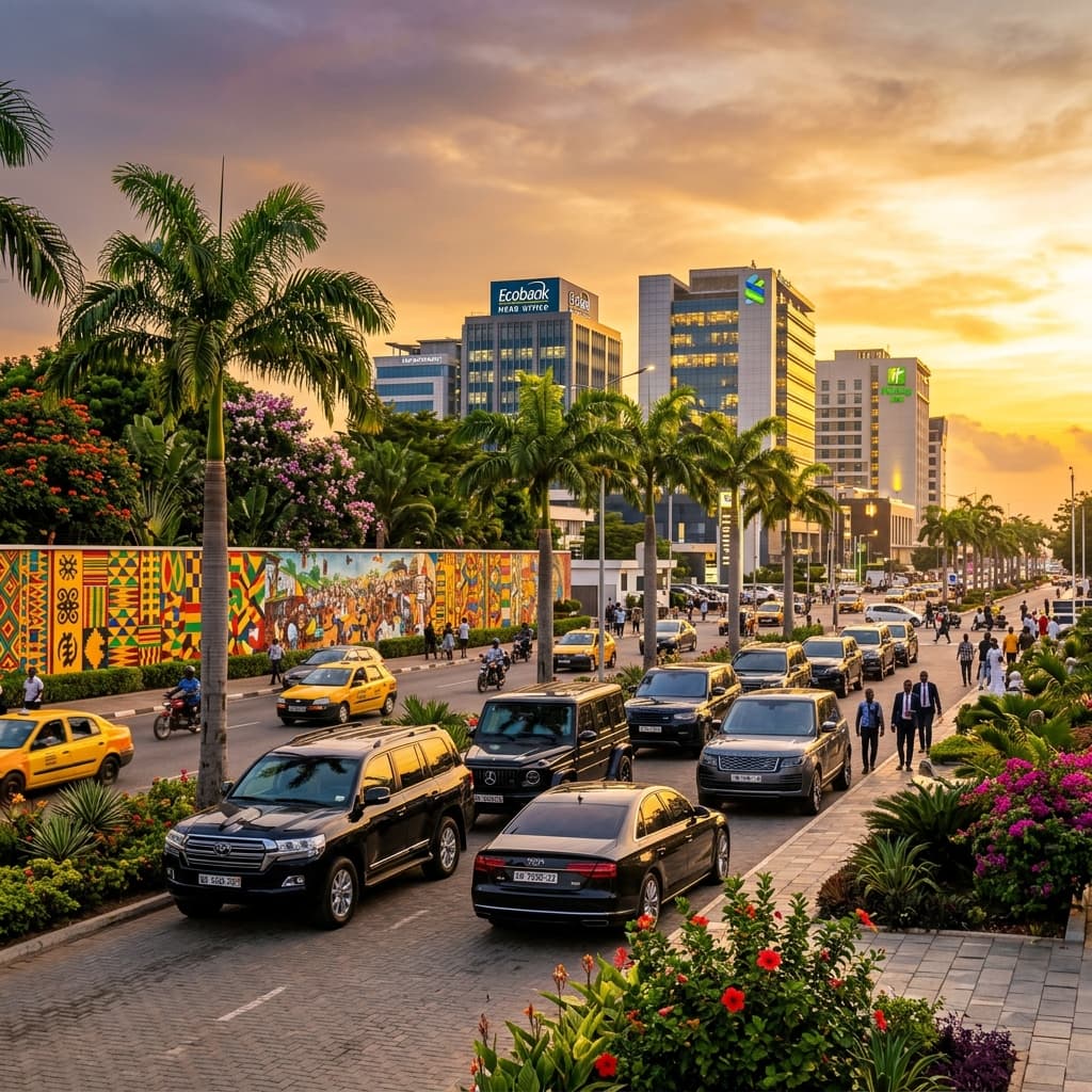 Fleet vehicles along Accra boulevard at golden hour